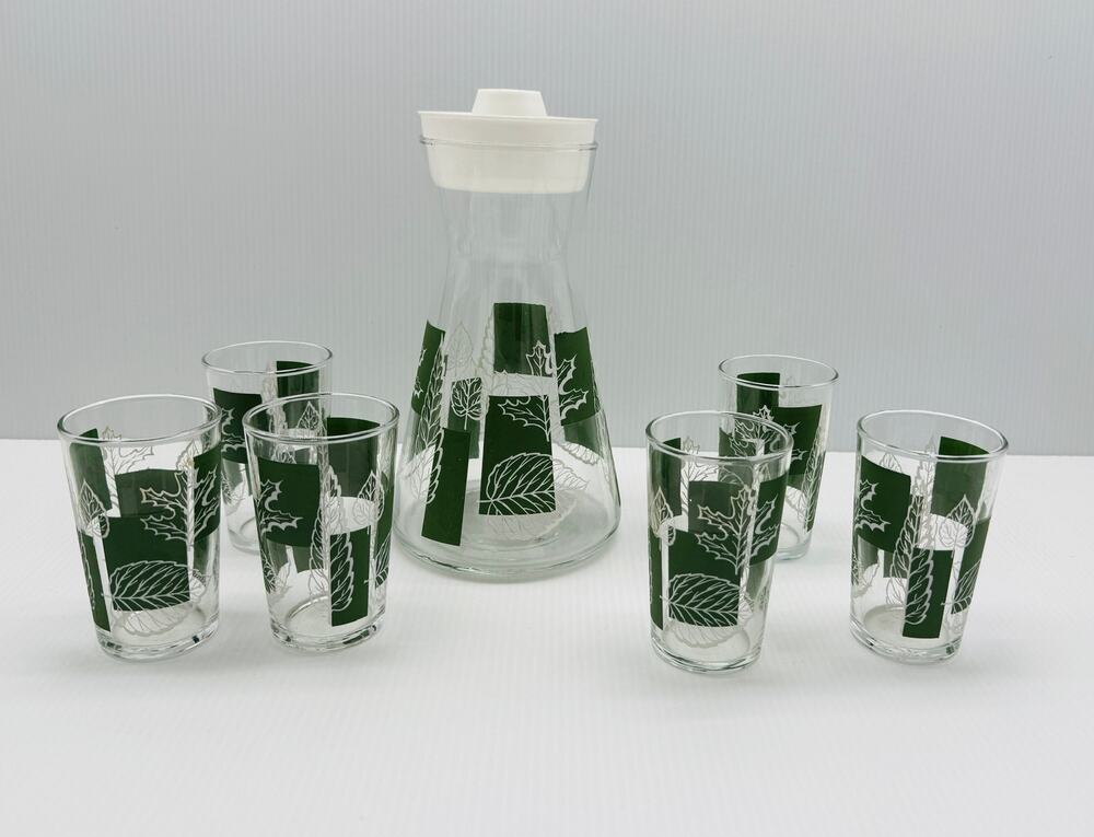 Vintage MCM Libbey  Juice Pitcher & Glass Set Autumn Leaf Avocado Green Panels